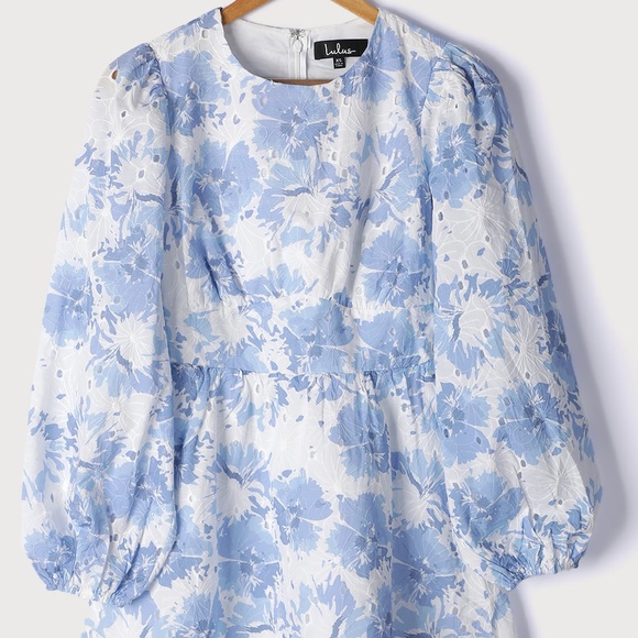 Fondly Fresh Blue and White Floral Print Long Sleeve Mini Dress - Picture 4 of 5